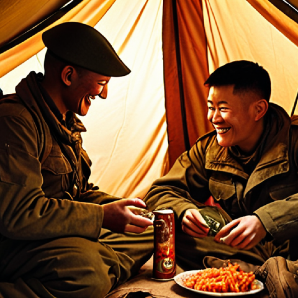 A soldier in fatigues sitting inside a dimly lit tent, sharing a can of kimchi with a comrade. They are smiling wearily, with several opened military ration packets scattered around them. A lantern casts a warm glow on their faces.