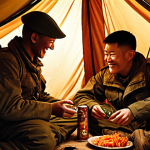 A soldier in fatigues sitting inside a dimly lit tent, sharing a can of kimchi with a comrade. They are smiling wearily, with several opened military ration packets scattered around them. A lantern casts a warm glow on their faces.