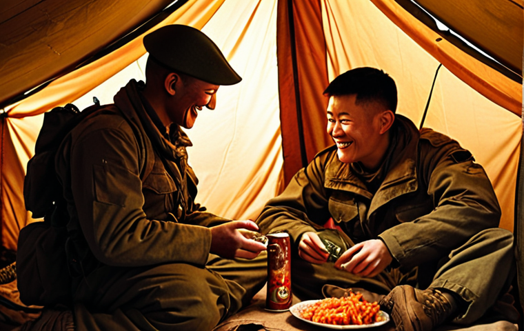 A soldier in fatigues sitting inside a dimly lit tent, sharing a can of kimchi with a comrade. They are smiling wearily, with several opened military ration packets scattered around them. A lantern casts a warm glow on their faces.