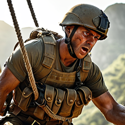 Home 6 **Image of Rope Crossing:** A soldier midway across a high rope, struggling to maintain balance, sweat dripping, with a look of intense concentration and fear, helmet and safety harness visible, bright sunlight.