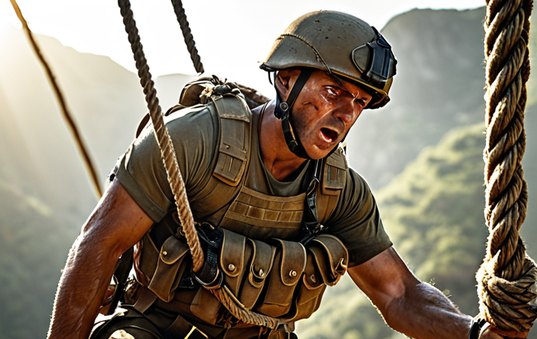 **Image of Rope Crossing:** A soldier midway across a high rope, struggling to maintain balance, sweat dripping, with a look of intense concentration and fear, helmet and safety harness visible, bright sunlight.